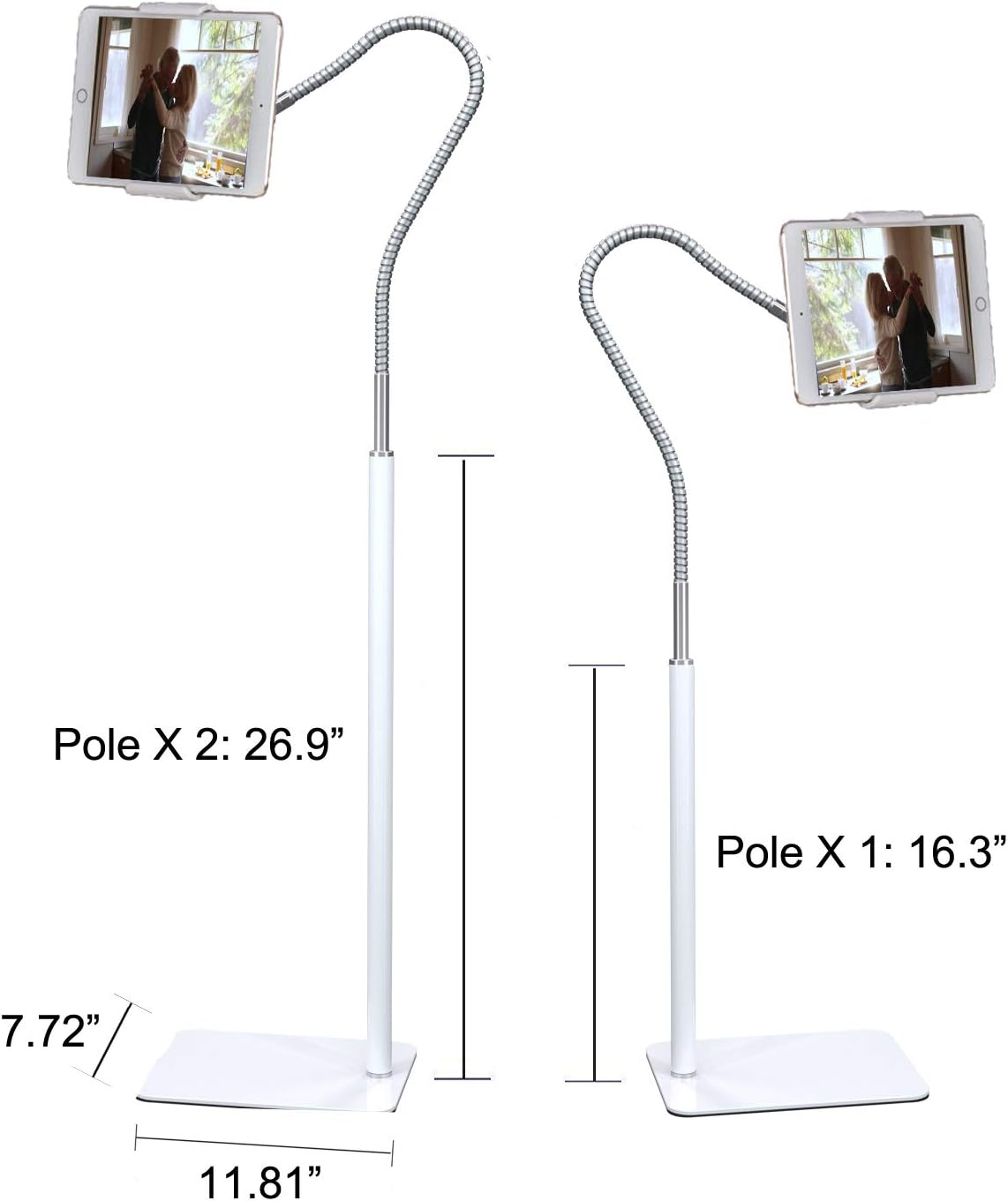 Tablet Floor Stand with Flexible Gooseneck and Stable Aluminum Base Suitable for 3.5” - 10.6” Smart Phone & Tablet White