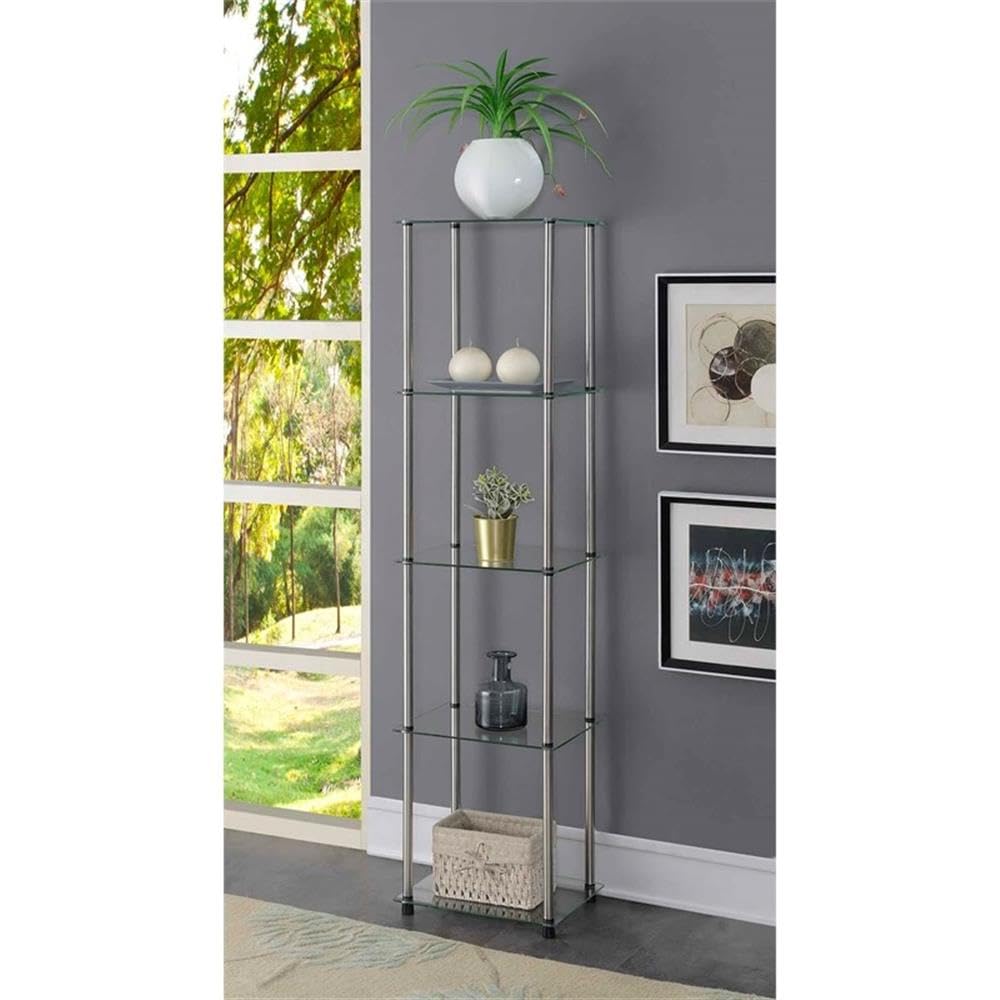 Convenience Concepts Designs2Go Classic Glass 5 Tier Tower 15.75" - Modern Media Storage Bookshelf for Living Room, Display Bookcase for Family Room, Bedroom, Bathroom, Office, Glass/Chrome