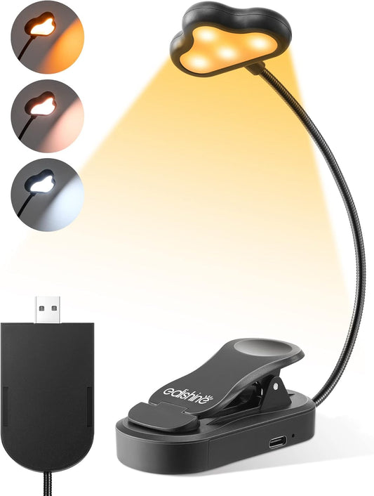 EDISHINE Book Light for Reading at Night in Bed, Portable Clip-on Lamp, 3 Color Modes & Stepless Dimmable, Eye Care LED USB Rechargeable Light for Readers, Kids, Bookworms, Travel (Black)