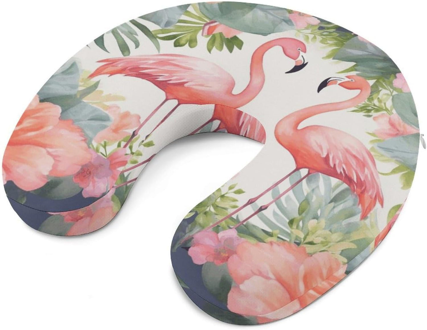 Flamingos and Flowers Neck Pillow Memory Foam U Shaped Pillows Portable Pillows for Shoulder Travel Head Support Pillow with Concealed Zipper for Airplane Car Home Office
