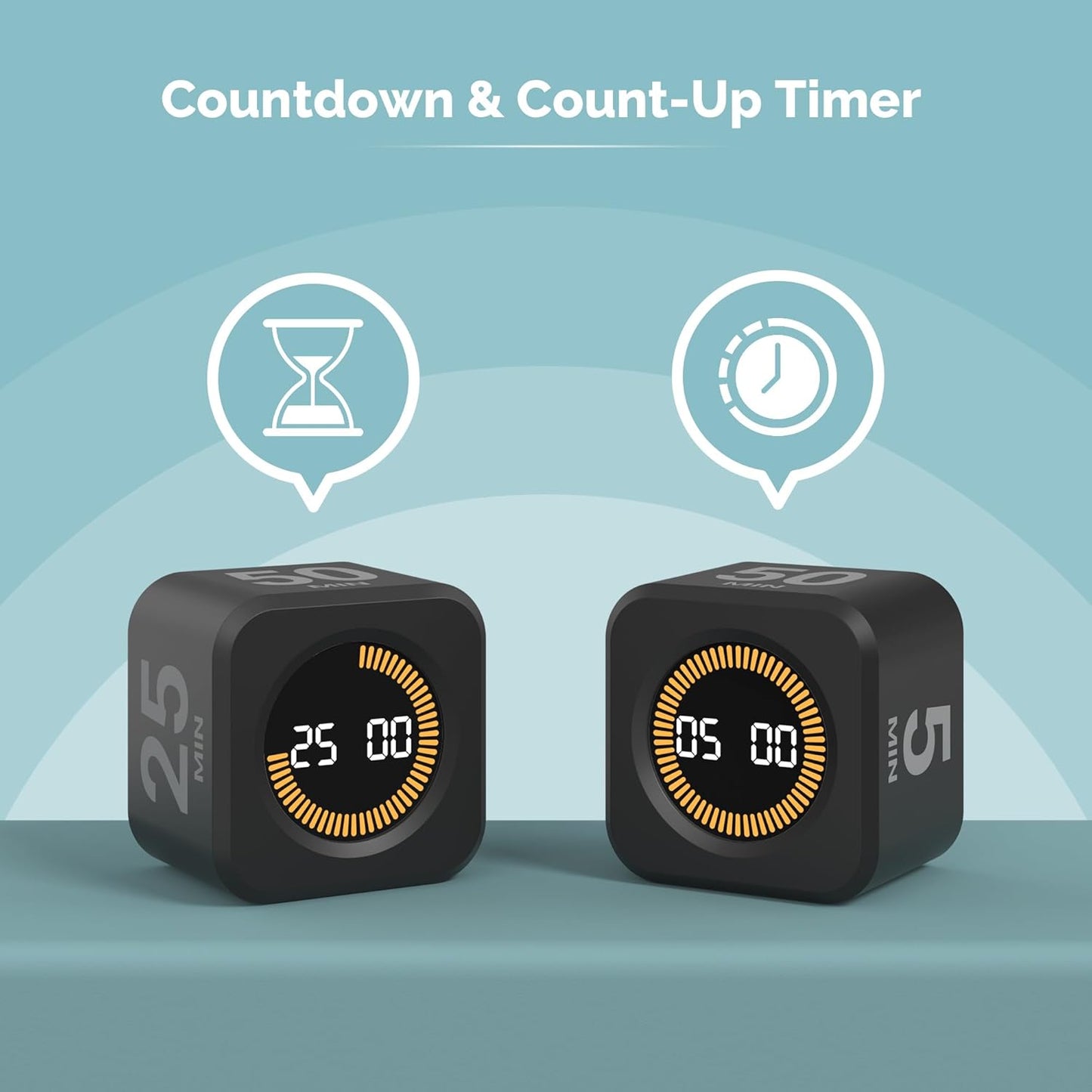 KADAMS Pomodoro Timer Visual - Productivity Pomodoro Cube, 5/10/25/50 Min Countdown & Countup, Silent – Ideal for Work Study Cook Workout Kitchen School Classroom Office ADHD Gift Kids (1, Black)