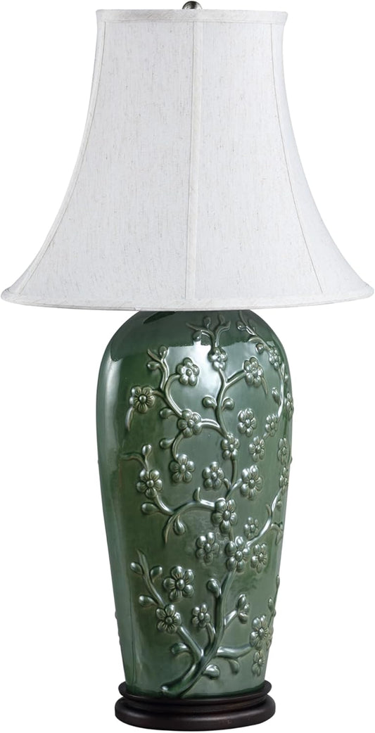 Aspen Creative 40013, 33 1/2" High Traditional Ceramic Table Lamp, Green with Dark Brown Wood Base and Oval Bell Shaped Lamp Shade in Off White, 20" x 11" Wide