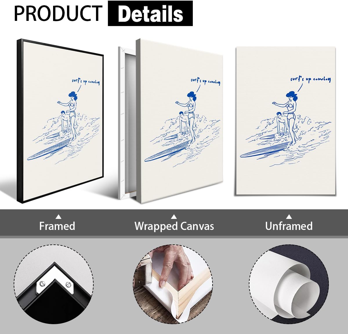 XMJJQQ Surf's Up Coming Poster, Blue Summer Beach Canvas Wall Art, Coastal Cowgirl Cowboy Surfing Print, Surfboard Beachy Room Aesthetic Poster, Cool Minimalist Picture for Bedroom 8x12in Unframed