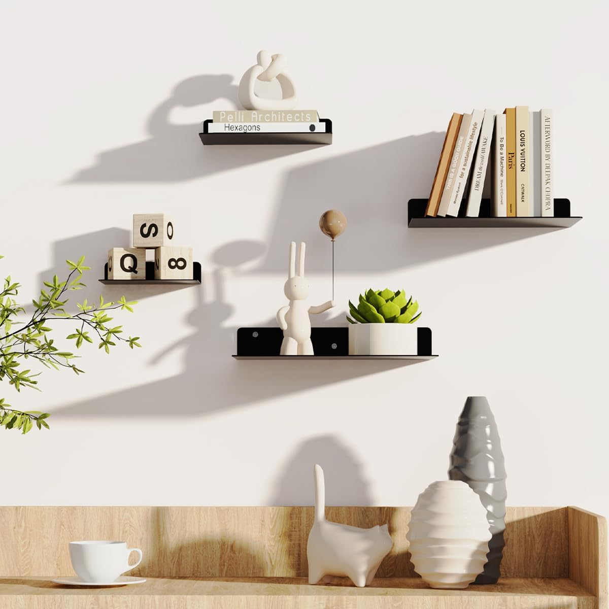 Metal Floating Shelves for Wall Mounted Set of 2, Modern Minimalist Matt Black Book Shelf, Suitable with Bedroom Living Room Decor, Kitchen and Bathroom Accessories 6x4 inch(15x10cm)