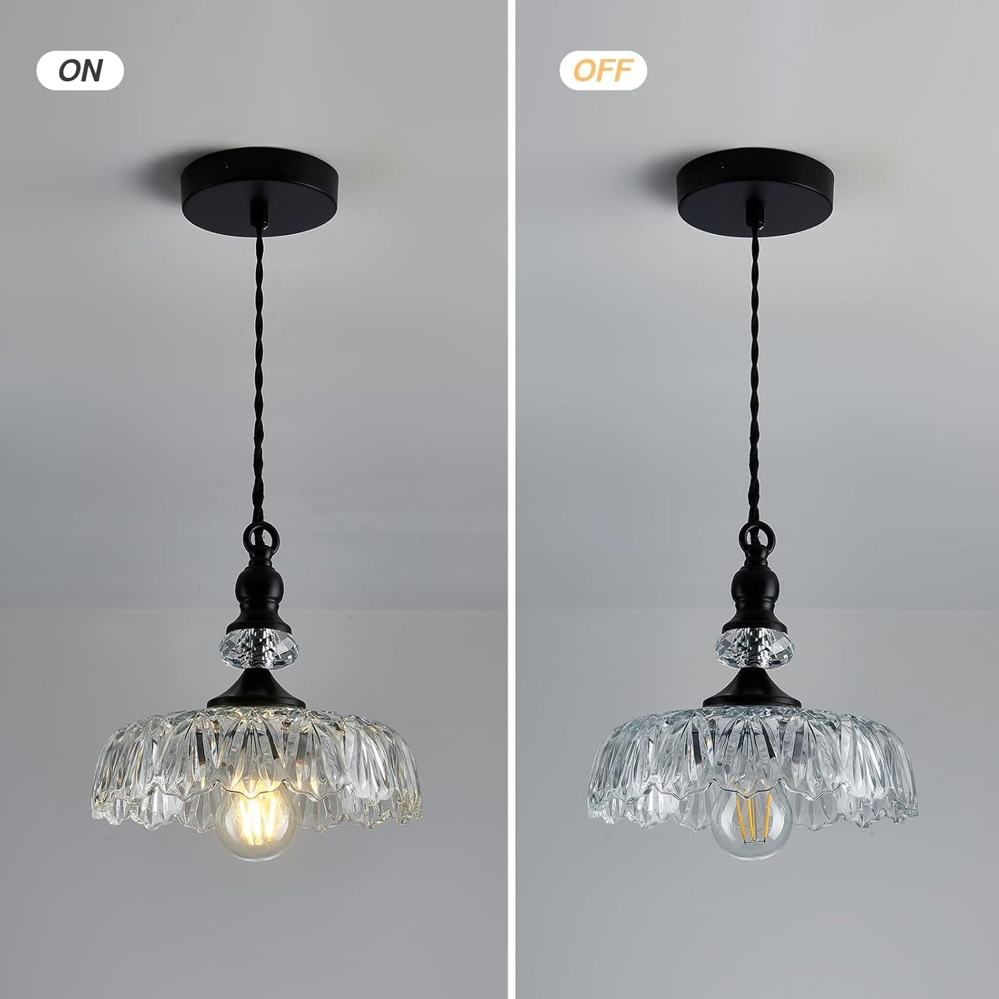 CVKASH Vintage Glass Pendant Light Fixture Black Modern Adjustable Chandelier Hanging Light for Farmhouse Dining Room Kitchen Bedroom Hallway Island