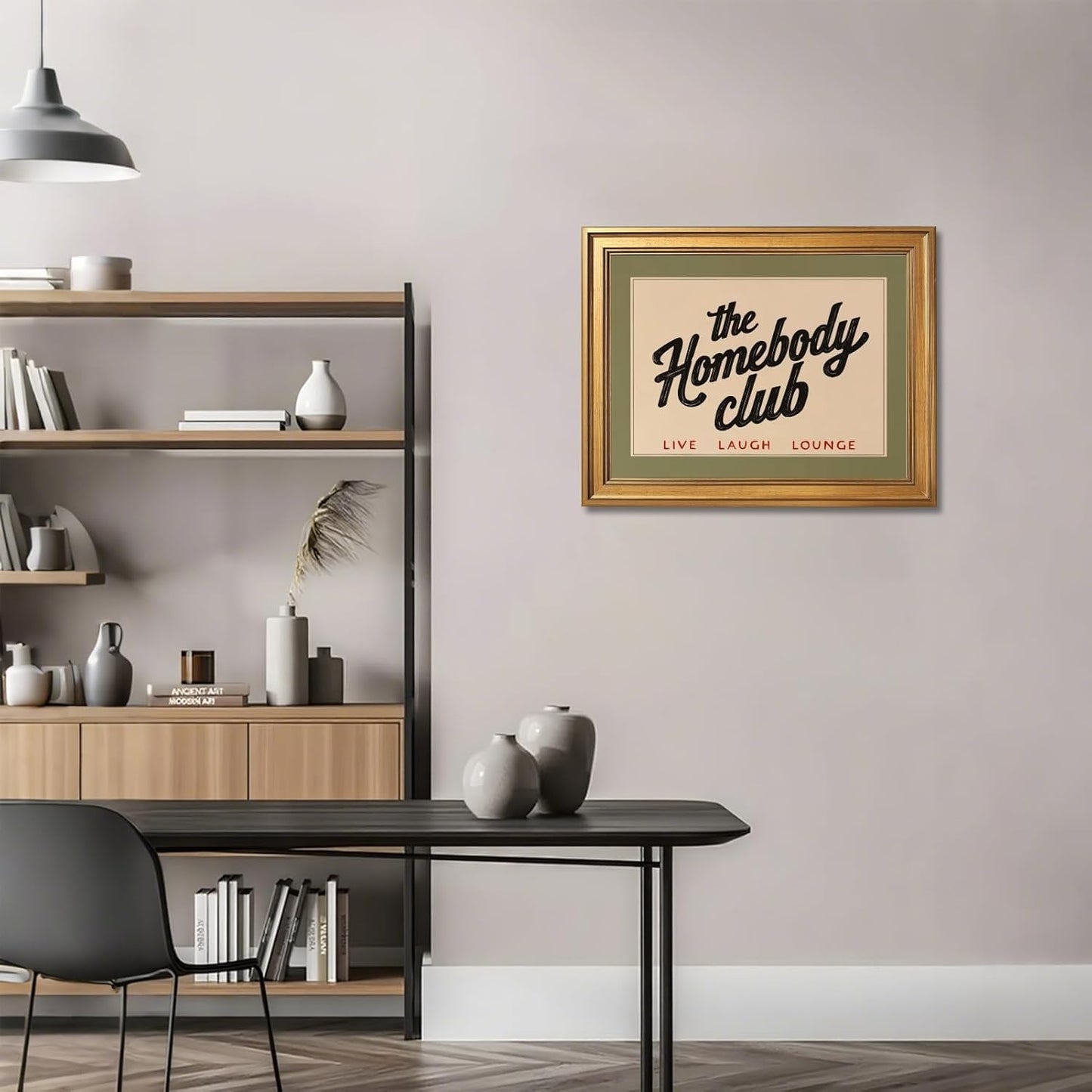 Retro The Homebody Club Canvas Wall Art Prints Funny Quotes Poster Cozy Green and Beige Aesthetic Art Posters Vintage Trendy Funky Quote Wall Decor for Bedroom 24x36inch Golden Frame