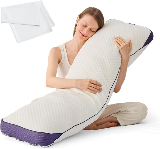 HOMELAB Adjustable Shredded Memory Foam Body Pillow Bundle with Mulberry Silk Pillowcase, Cooling Long Pillow Full Support for Side Sleepers, Back, Hip & Leg Comfort, 1 Pack 20"x52"