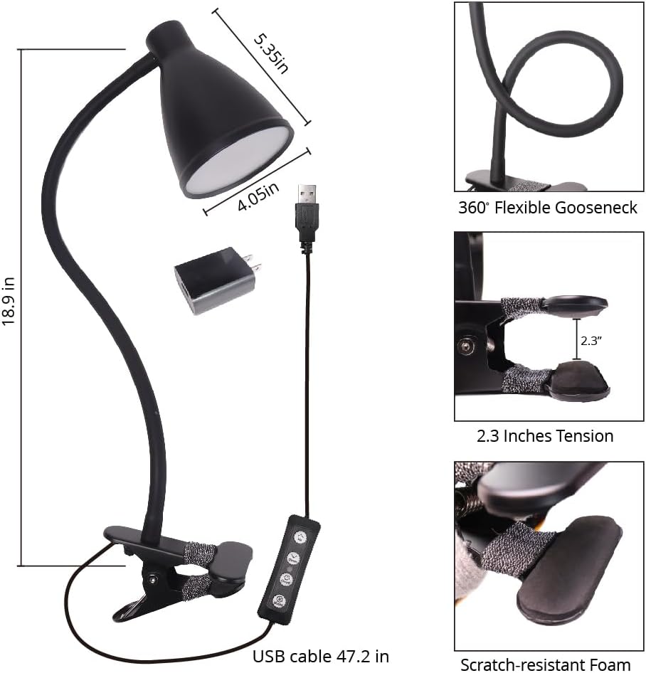 GlowVibe Desk Lamp 3 Color Modes 10 Brightness Dimmer Reading Light 10W 40 LED Clamp Lamp 360° Flexible Neck Clip on Light for Bedroom and Office Home Lighting, AC Adapter Include