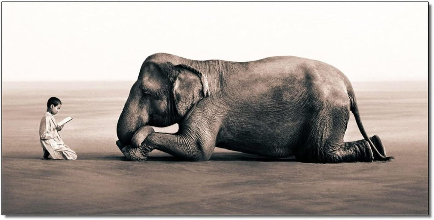 Boy Reading in Front of Elephant Poster Canvas Paintings Black and White Wall Art Prints for Living Canvas Painting Wall Art Poster for Bedroom Living Room Decor 08x16inch(20x40cm) Frame-Style-1