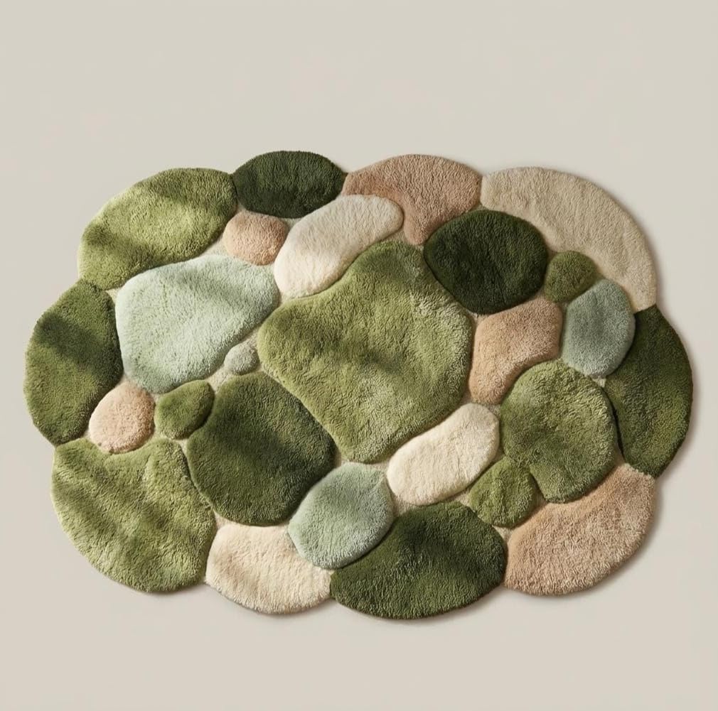 3D Pebble Stone Area Rug, Green Beige and Blush, Fluffy Tufted, Irregular Shape, Living Room Decor (Green with Olive Green, 10' x 14' Feet)
