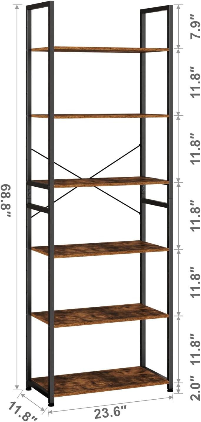 Book Shelf, Adjustable 6-Tier Tall Bookshelf, Wooden Bookcase Shelves for Bedroom, Living Room, Display Shelf for Home, Office, Kitchen, Standing Shelving Unit Storage Organizer BC-BR-6