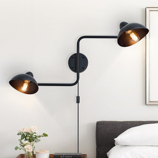 Adjustable Black Swing Arm Wall Sconce, 2-Light Plug in Wall Lamps with ON/Off, Rotatable Metal Dome Shades Wall Mount Lighting Fixture for Living Room Bedroom Study