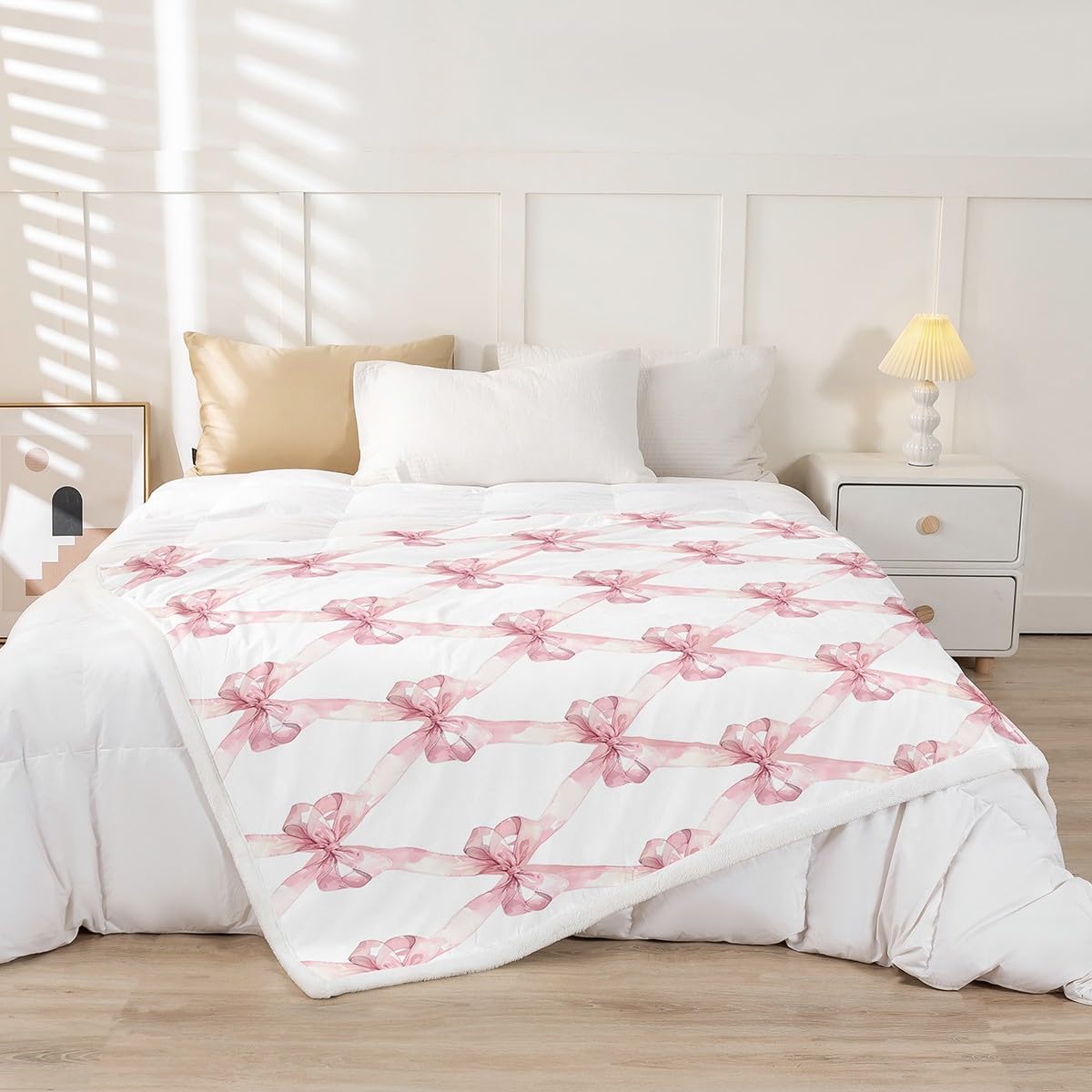 Manfei Pink Bowknot Flannel Blanket Dreamy Princess Style Kids Girls Fleece Throw Blanket for Room Decor,Watercolor Bow Geometric Grids White Bed Blanket for Bed Sofa Couch,Baby 30"x40"