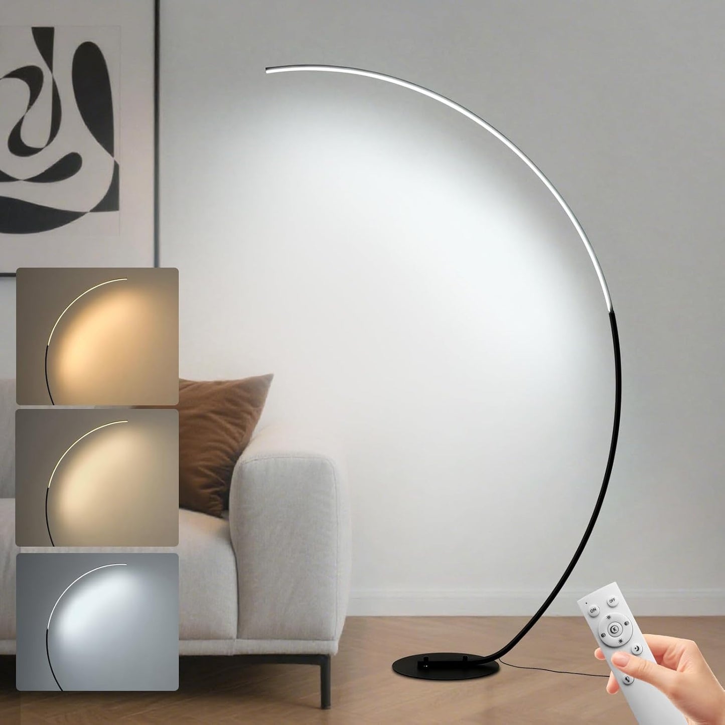 POWROL Arc Floor Lamp, 65" Tall Standing Modern LED Floor Lamps for Living Room, 3000K-6500K Dimmable with Remote, Night Mode, Arched Reading Corner Floor Lamp for Bedroom Office