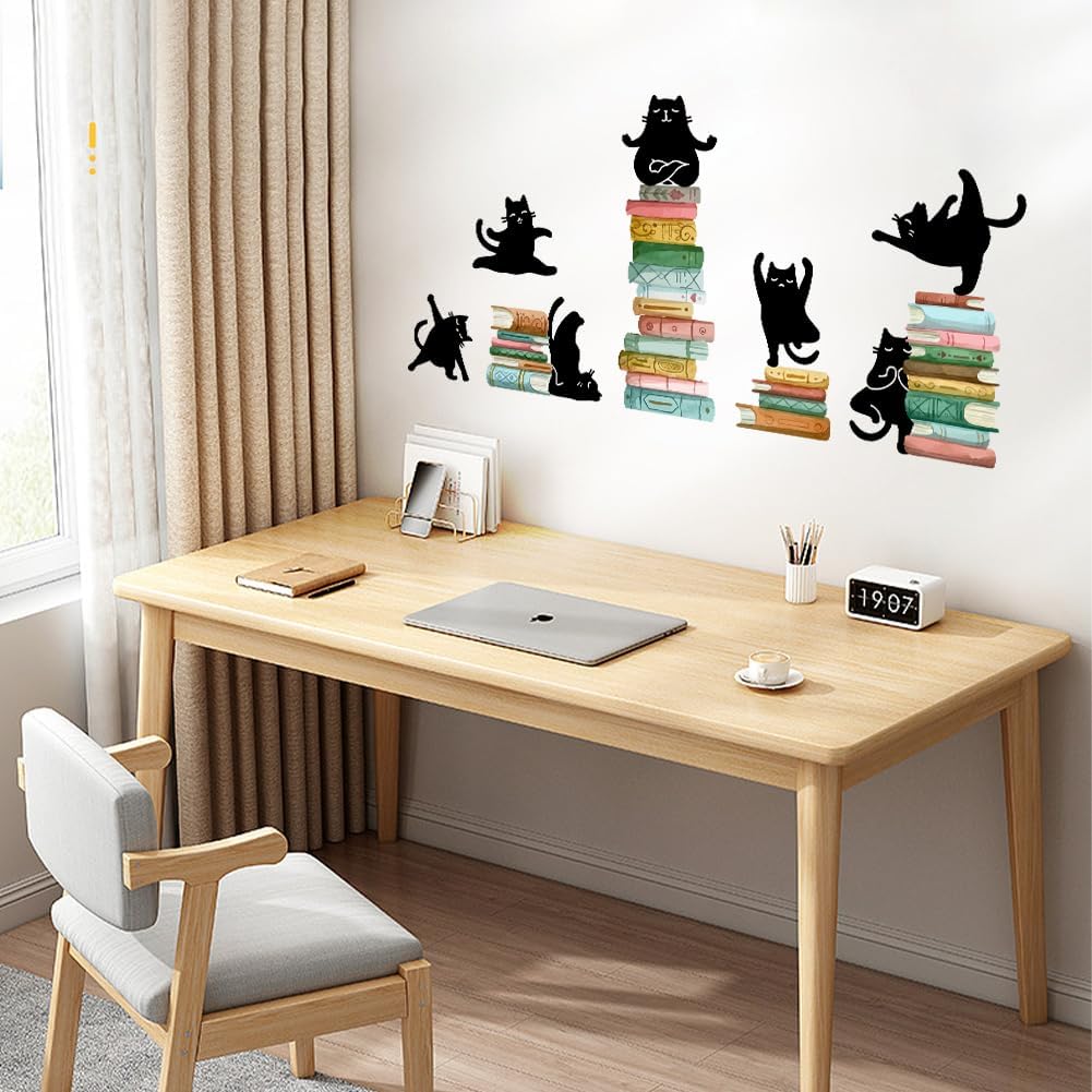 SUPERDANT Reading Theme Wall Decal Yoga Cat Wall Sticker Black Cats on The Books Peel and Stick Art Decoration for Classroom Kid's Library Nursery Wall Decor School Classroom Wall Decor
