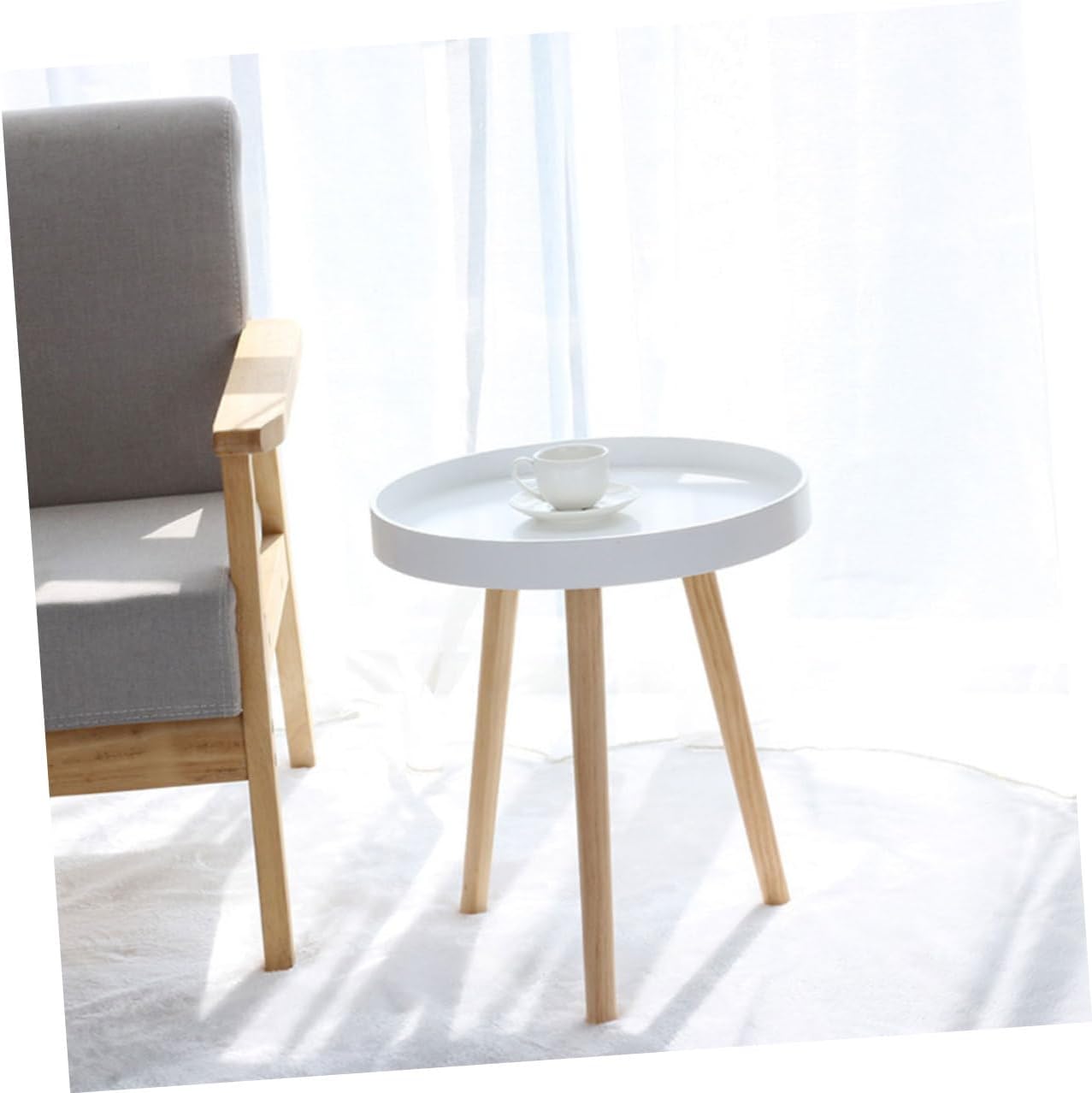 PRETYZOOM Modern Mini Round Sofa Side Table, Small White Scandinavian Tea Table for Living Room and Bedroom Corner Use