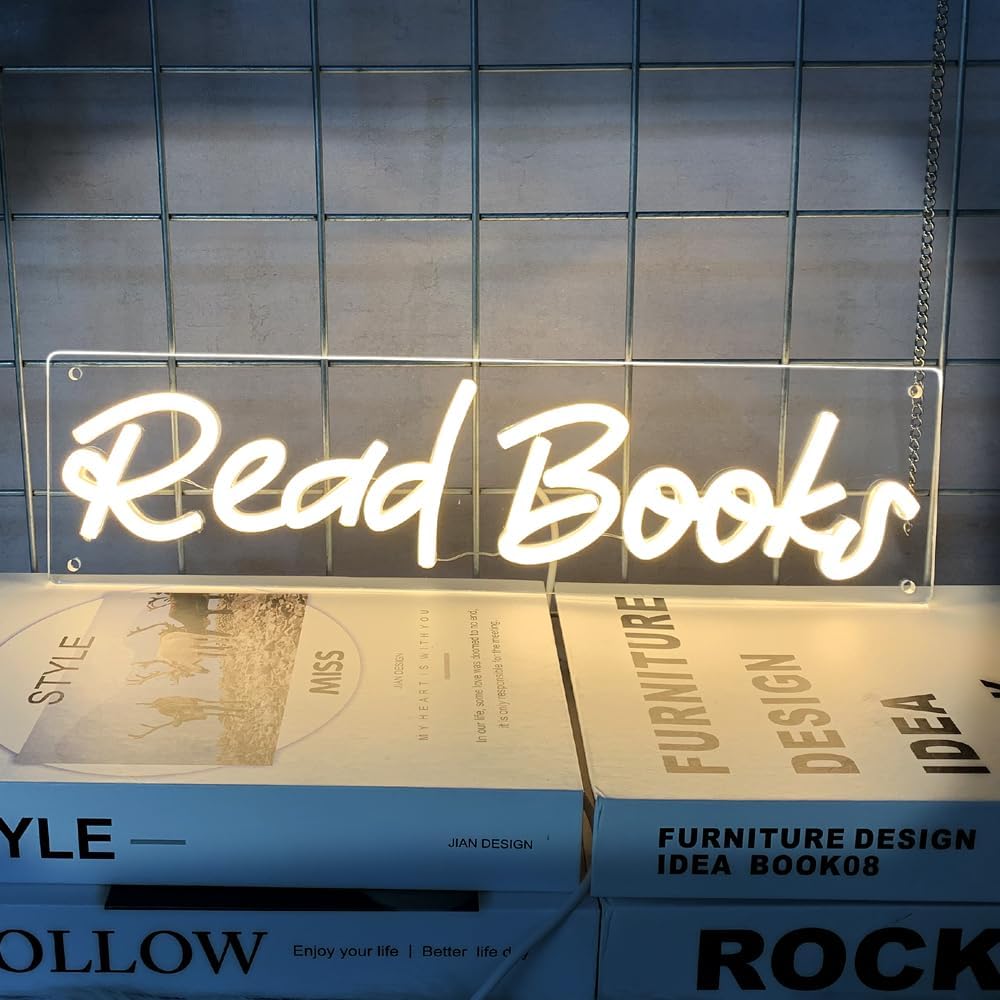 Read Books Neon Sign LED Neon Lights Dimmable USB Powered Book Lovers Words Quotes Sign Kid Room Light Wall Art for Library Classroom Reading Corner Decor 16"x4.23"
