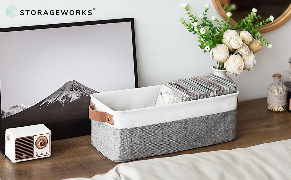 StorageWorks Narrow Storage Bins, Small Basket for Closet and Shelves, Fabric Organizer with Handles, Toilet Paper Storage, Grey and White, 2-Pack