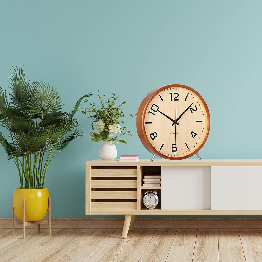 8 Inch Desk Clocks Wood Silent Non-Ticking Battery Operated Analog Table Clock Round Sweep Quartz Wall Clocks for Kids Living Room Bedroom Bedside Large Numerals Decor KSZ828 Brown