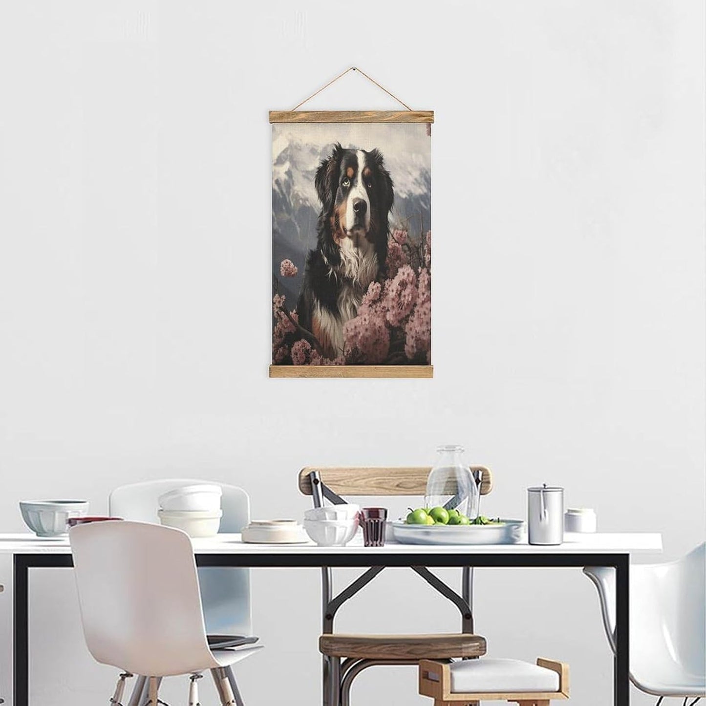 Vintage Bernese Mountain Dog Poster with Wooden Frame Personalized Linen Hanging Scroll Painting Rustic Wall Hanging Illustrative Modern Artwork Decor for Home Living Room Bedroom Office