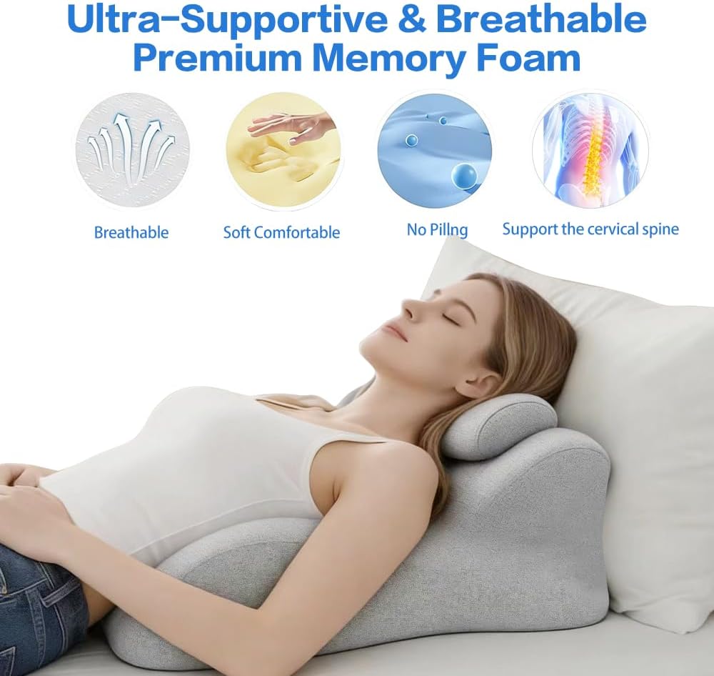 Memory Foam Ergonomic Rest Pillow - Prone Pillow for Sleeping, Targeted Support for Back Pain, Acid Reflux and Sitting Up, Ideal for Massage, with Washable Cover (Light Grey)