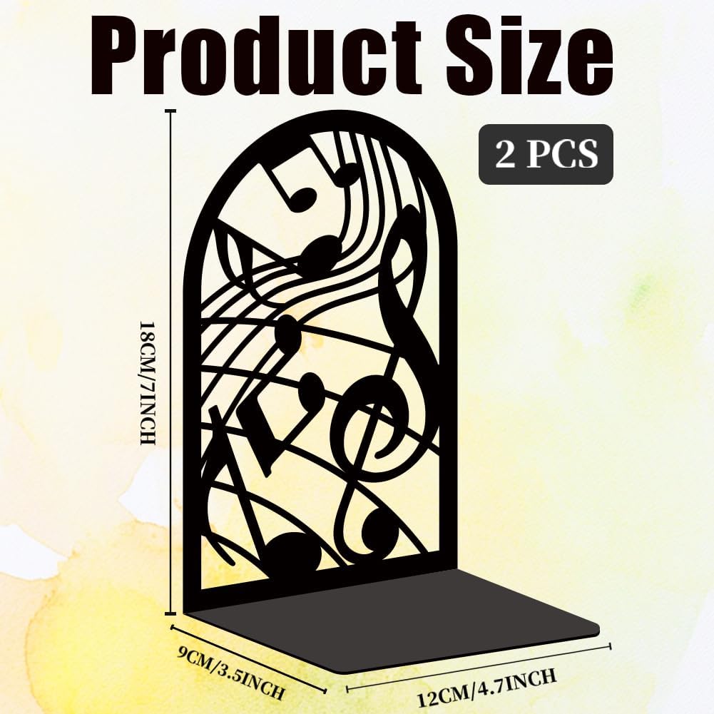 Musical Metal Book Ends Non-Skid Black Unique Bookend Decorative Heavy Book Ends for Shelves Heavy Duty Study Book Support Stoppers for Desk Musical Note 7x4.7x3.5 inch 1 Pairs/2 Pcs