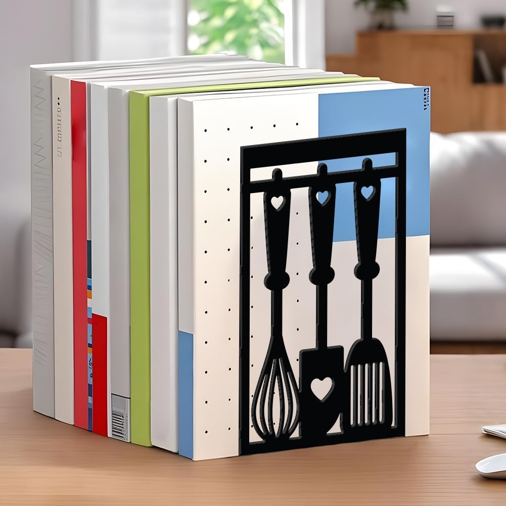 WADORN Kitchen Book Ends, Heavy Duty Decorative Book Ends for Shelves Metal Bookends Stopper Holder Stand Black Non-Skid Book End for Cookbook Cooking Lover Gifts for Desk Bookshelf Office Home