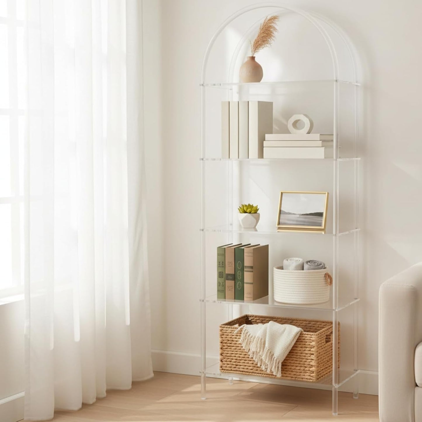 5 Tier Acrylic Arched Bookshelf Clear Book Shelf 11.8" D X 23.64" W X 65.7" H, 5 Tier Shelf Sturdy Open Display for Living Room Bathroom Office