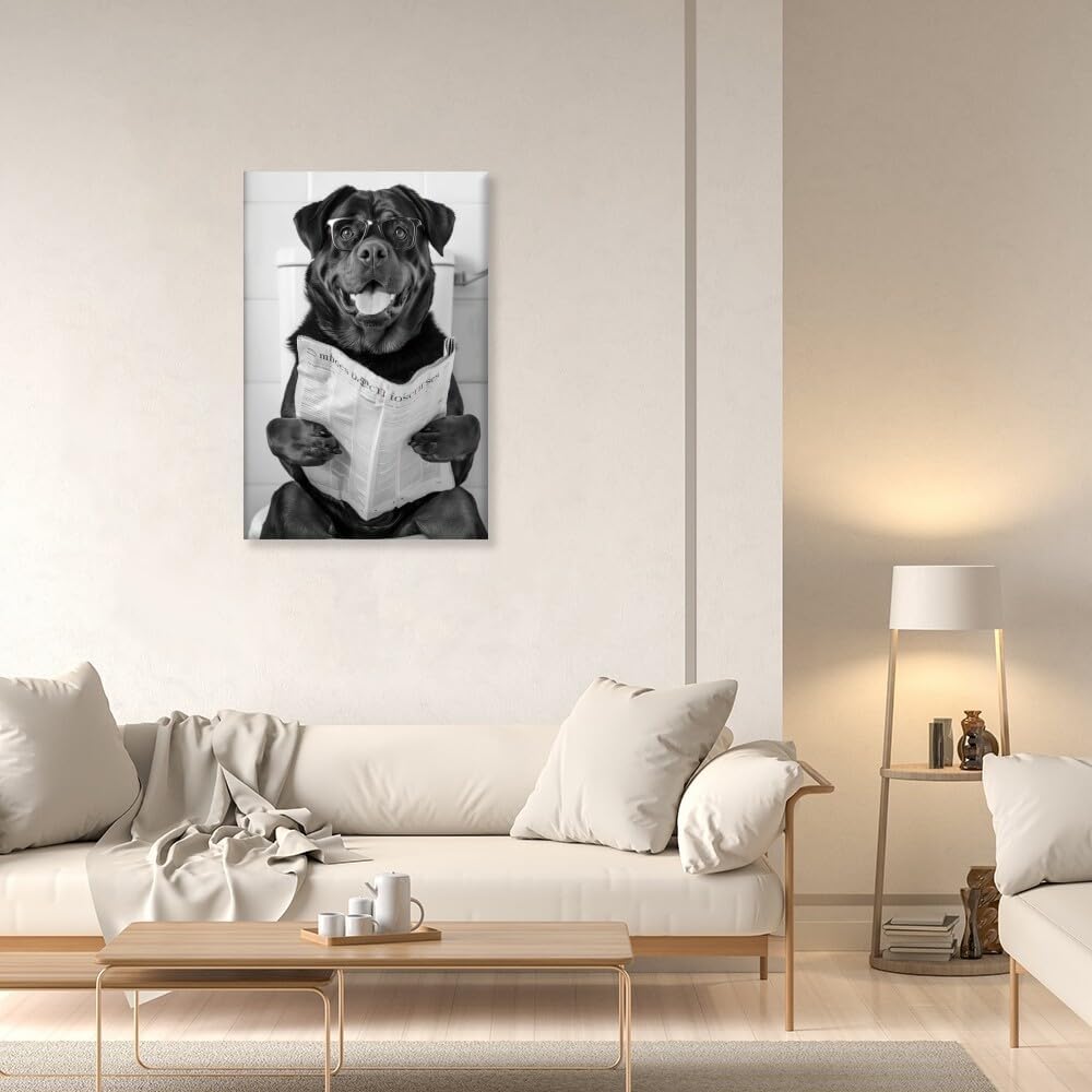 Bathroom Wall Decor Dog Reading Newspaper Black and White Print Pet Art Funny Dog Poster Canvas Wall Prints Poster Modern Home Aesthetic Decor Wall Art for Bedroom Dorm Framed20x30inch