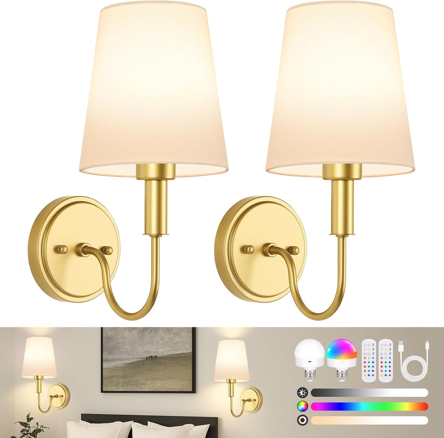 Wireless Rechargeable Wall Sconce, Battery Operated Wall Lights with Remote, Wall Lamps with Dimmable RGB LED Bulbs, No Wiring Gold Sconces Wall Decor Set of 2 for Bedroom Living Room Hallway