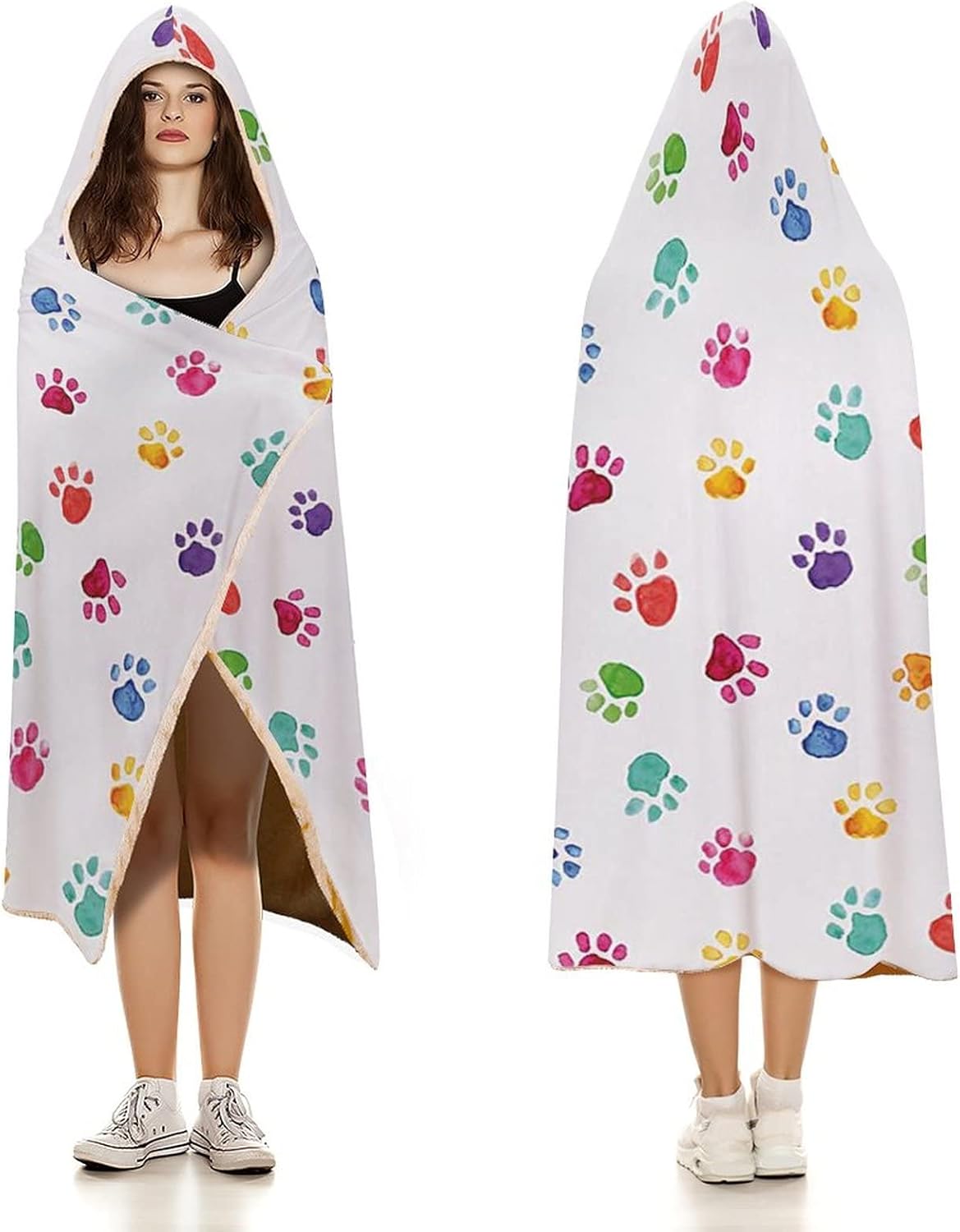 Throw Blankets, Watercolor Wearable Hooded Blanket for Adults, Hand Drawn Colorful Animal Footprints Pattern, Soft Warm Cozy, 40 x 50inches, Studying Reading Snuggling Napping Office, Multicolor