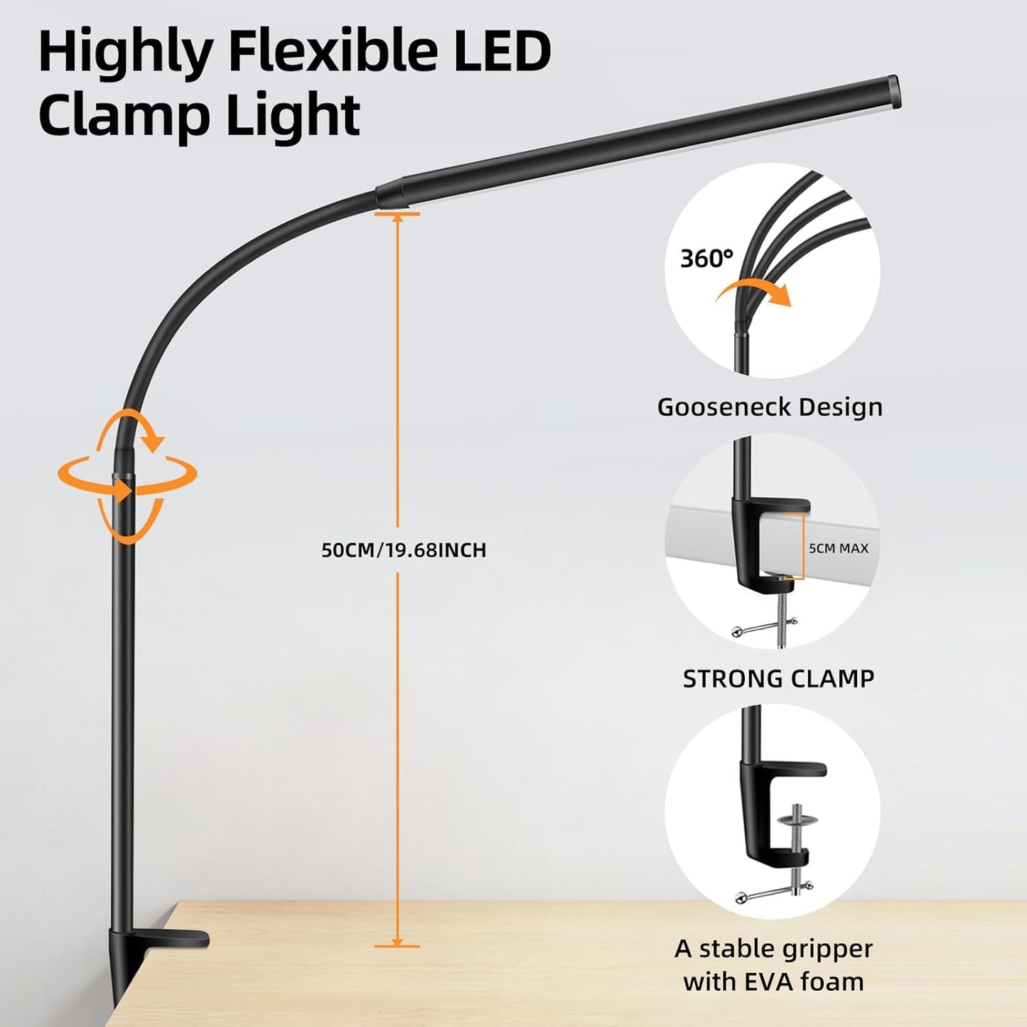 LED Desk Lamp with Clamp Clip on Reading Light Dimmable USB Small Clamp Lamp with 3 Color Modes 10 Brightness, Adjustable Flexible Gooseneck Workbench Light for Bed Headboard, Nail, Computer