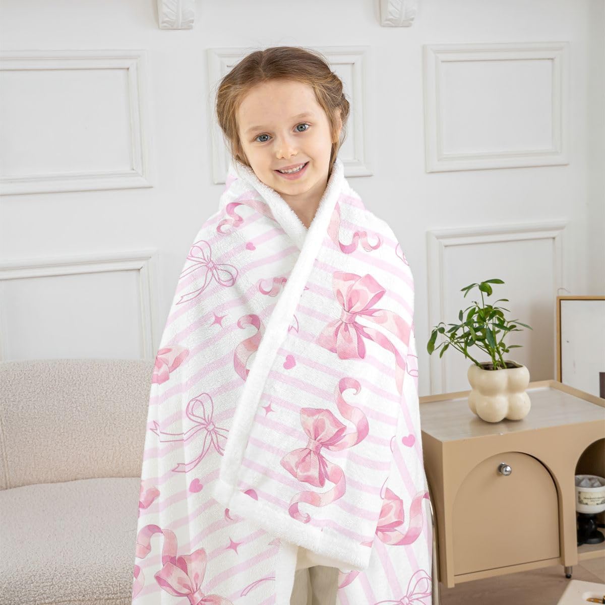 Feelyou Pink Bow Sherpa Throw Blanket for Couch Cute Ribbon Bowknot Super Soft Cozy Fleece Coquette Blanket for Winter, Plush Throw Aesthetic Baby 30"x40" Stripe Heart Pattern All Season