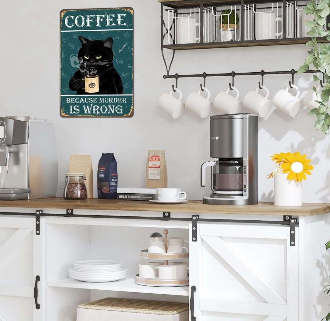 Bestylez Funny Black Cat Signs - Coffee Lovers Kitchen Decor, 12 x 8 Inch (912)