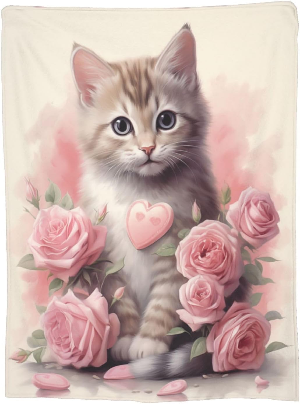 Cute Cat Blanket Pink Rose Flowers Kitty Blankets for Mom Girls Women Cat Gifts Flannel Soft Warm Cozy Fuzzy Throw Blankets for Bed Sofa Decor Valentine Day Gifts 50"x60"
