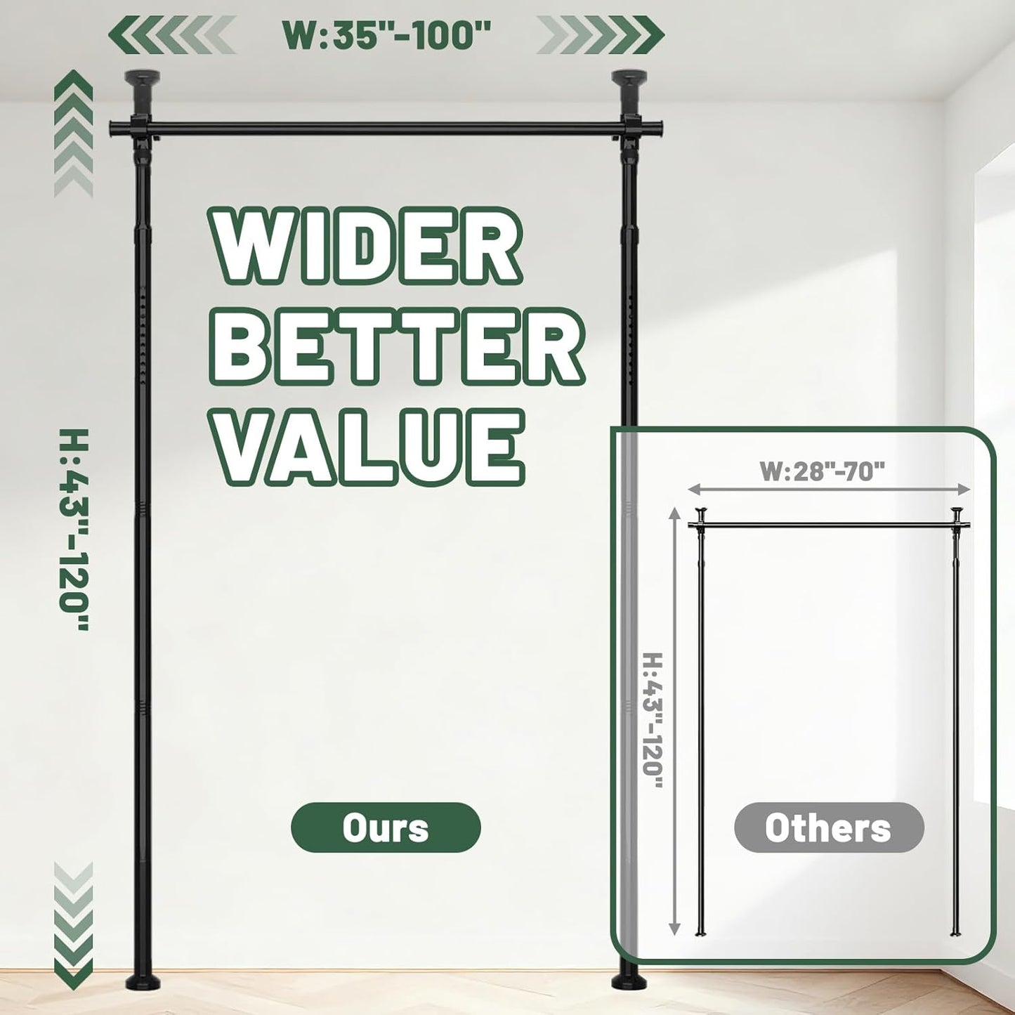Tension Curtain Rods No Drill Adjustable Room Divider, Tension Rod for Room Separator and Partition Room Dividers, Easy Installation for Bedroom & Apartment (Black - W35-100 × H43-120 in)