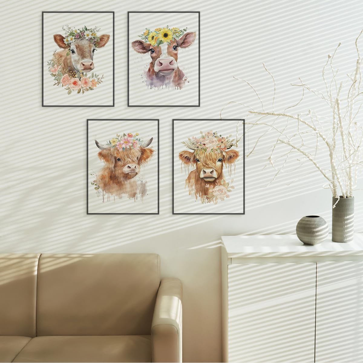 ETVISO Highland Cow Wall Art Prints Set of 4, Cows Pictures Wall Decor for Western & Highland Cow Lovers, Nursery Decor, Baby Shower Decorations 12x16 (Unframed)