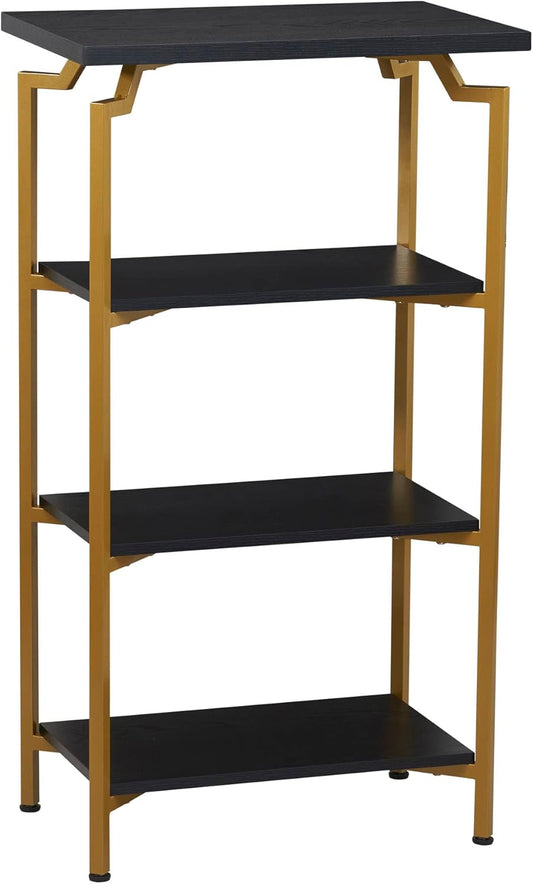 Household Essentials Crown Narrow 4 Shelf Open Storage Bookshelf Black Oak Wood Grain and Gold Metal