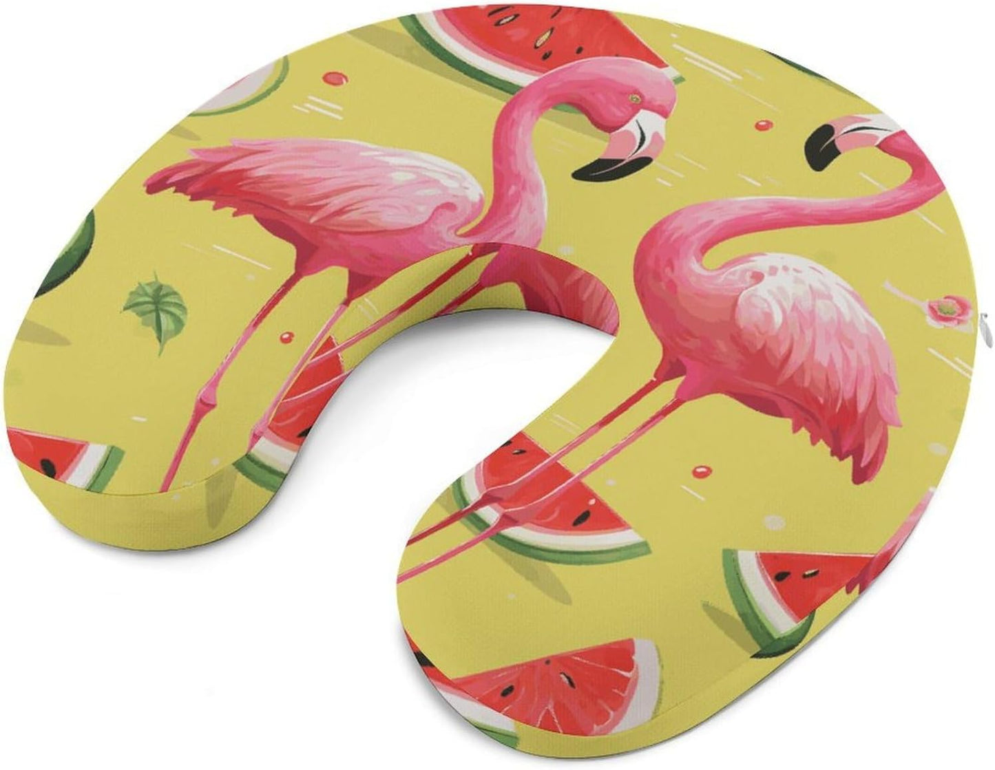 Pink Flamingo and Watermelon Neck Pillow Memory Foam U Shaped Pillows Portable Pillows for Shoulder Travel Head Support Pillow with Concealed Zipper for Airplane Car Home Office