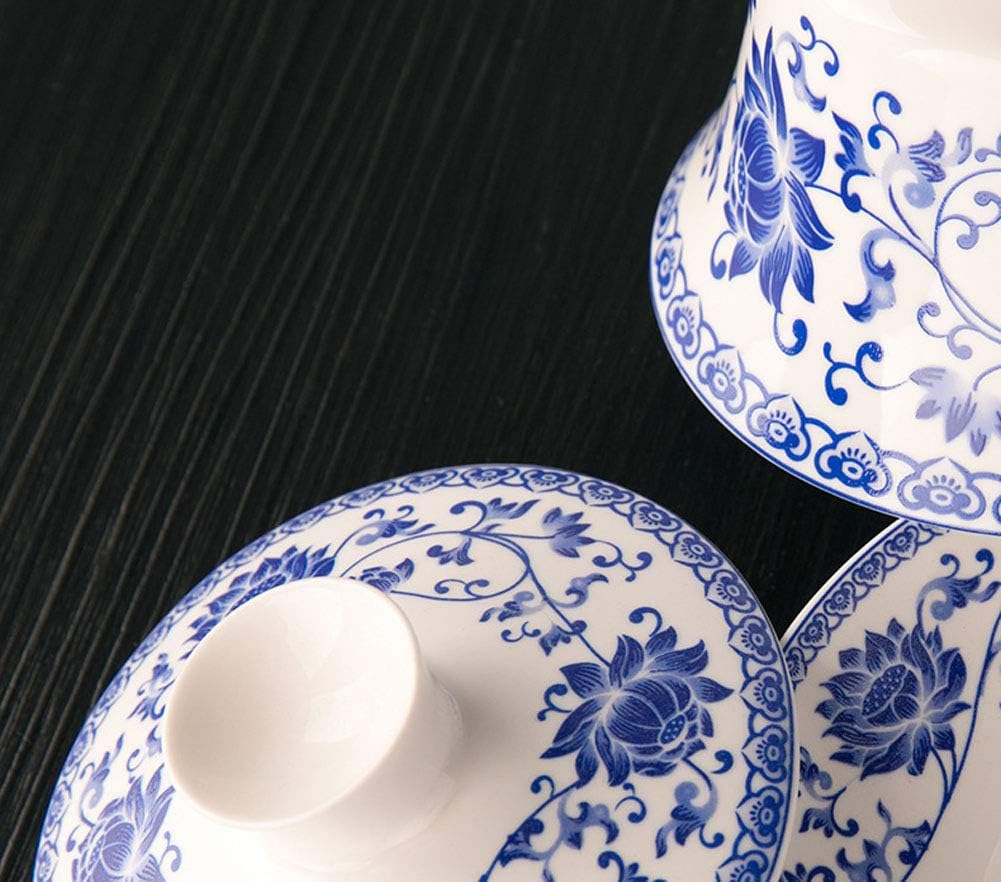 Liang baobao Traditional Gaiwan Tea Set with Lid and Saucer Blue Lotus Design Tea Cup Flower Porcelain Teacups 10oz