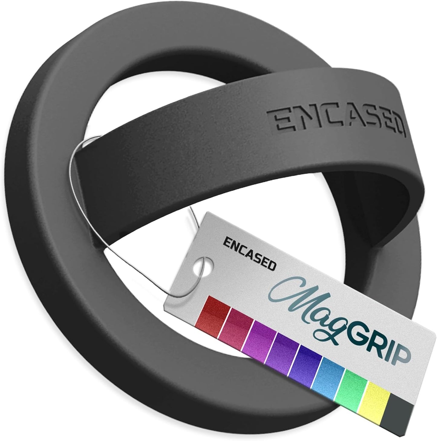 Encased Magnetic Phone Grip Holder Thin Silicone Finger Loop Ring, Compatible with Magsafe (Black)