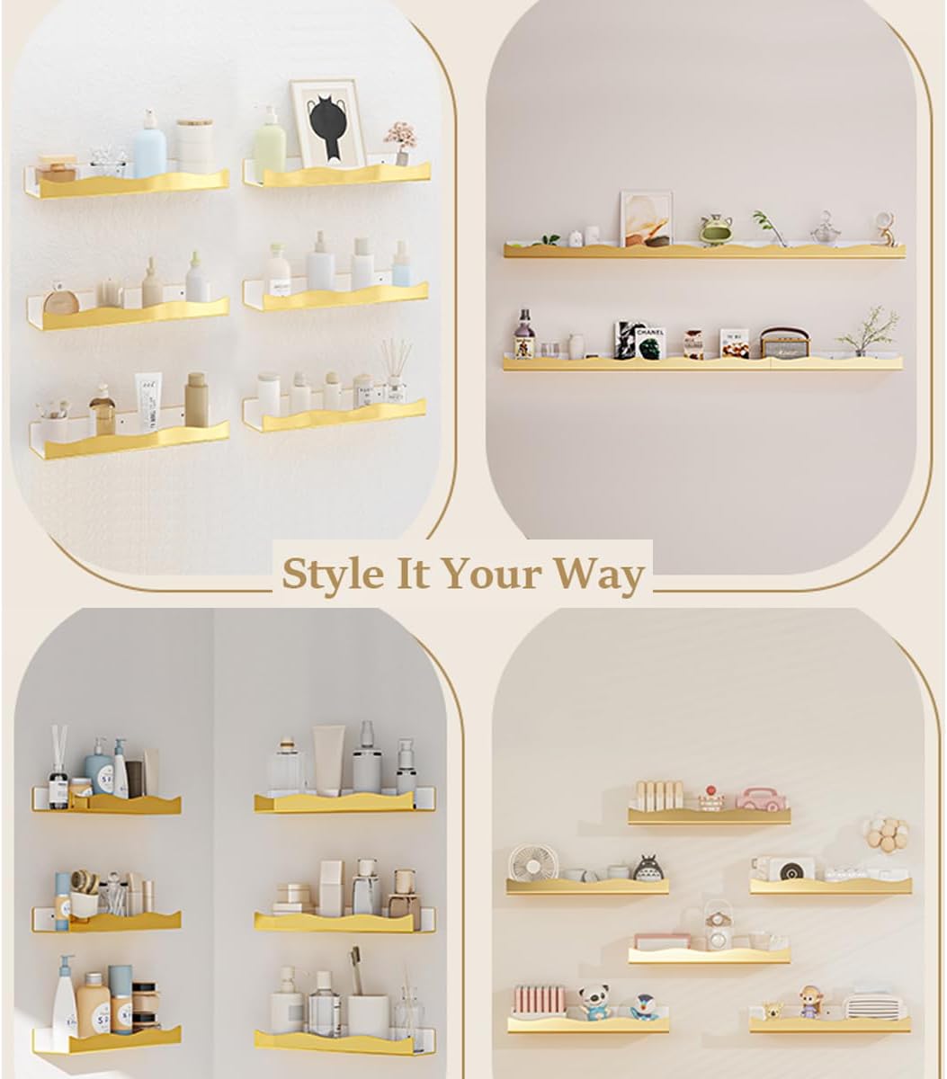 Acrylic Wall Shelf Organizers 15 Inch Floating Shelf for Wall Decor Bookshelf for Kids Modern Mirror Gold Wall Mount Shelf for Living Room, Bedroom, Bathroom (6, Gold Mirror)