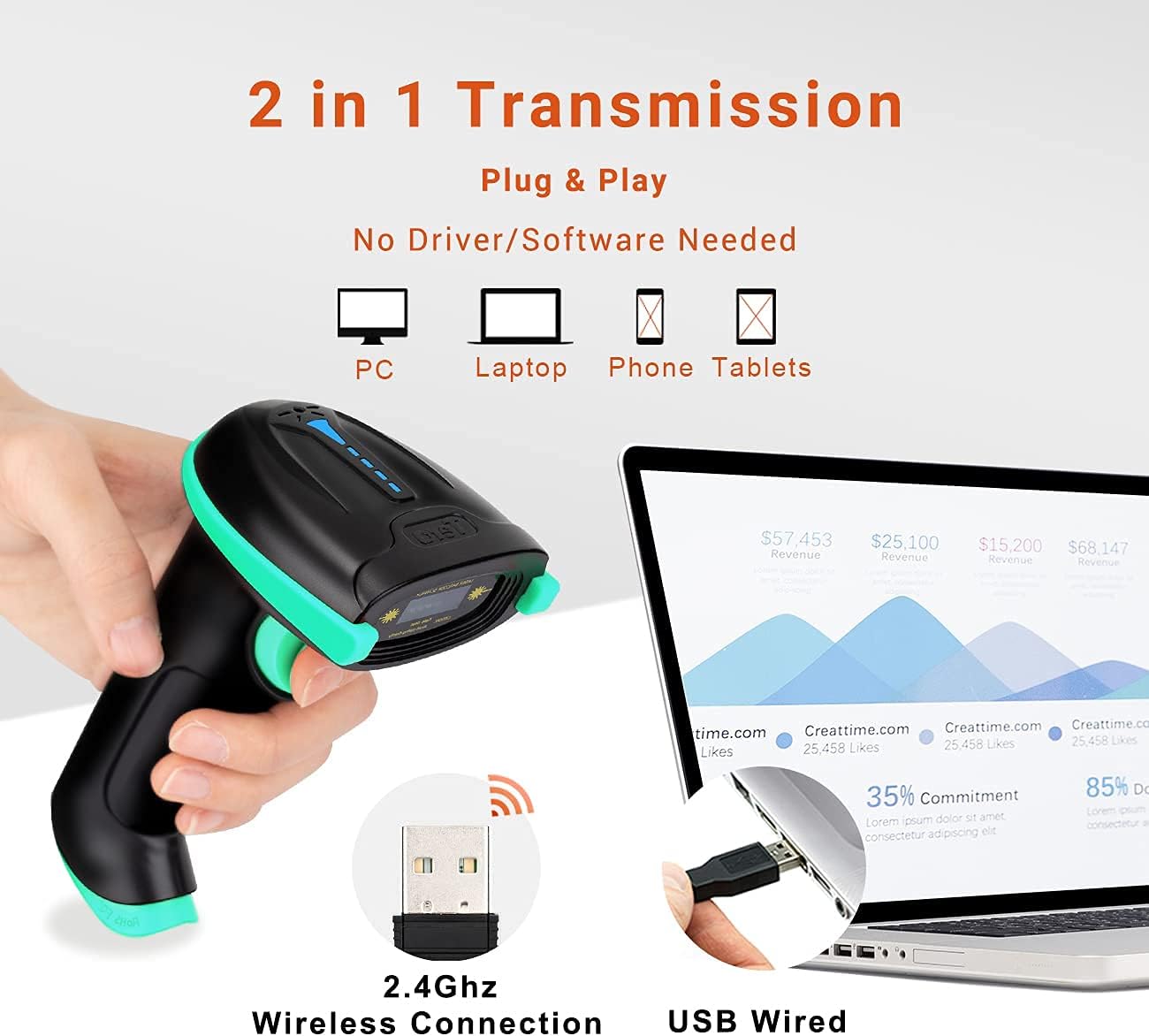 Tera Barcode Scanner Wireless Versatile 2-in-1 (2.4Ghz Wireless+USB 2.0 Wired) with Battery Level Indicator 328 Feet Transmission Distance Rechargeable 1D Laser Bar Code Reader USB Handheld (Blue)