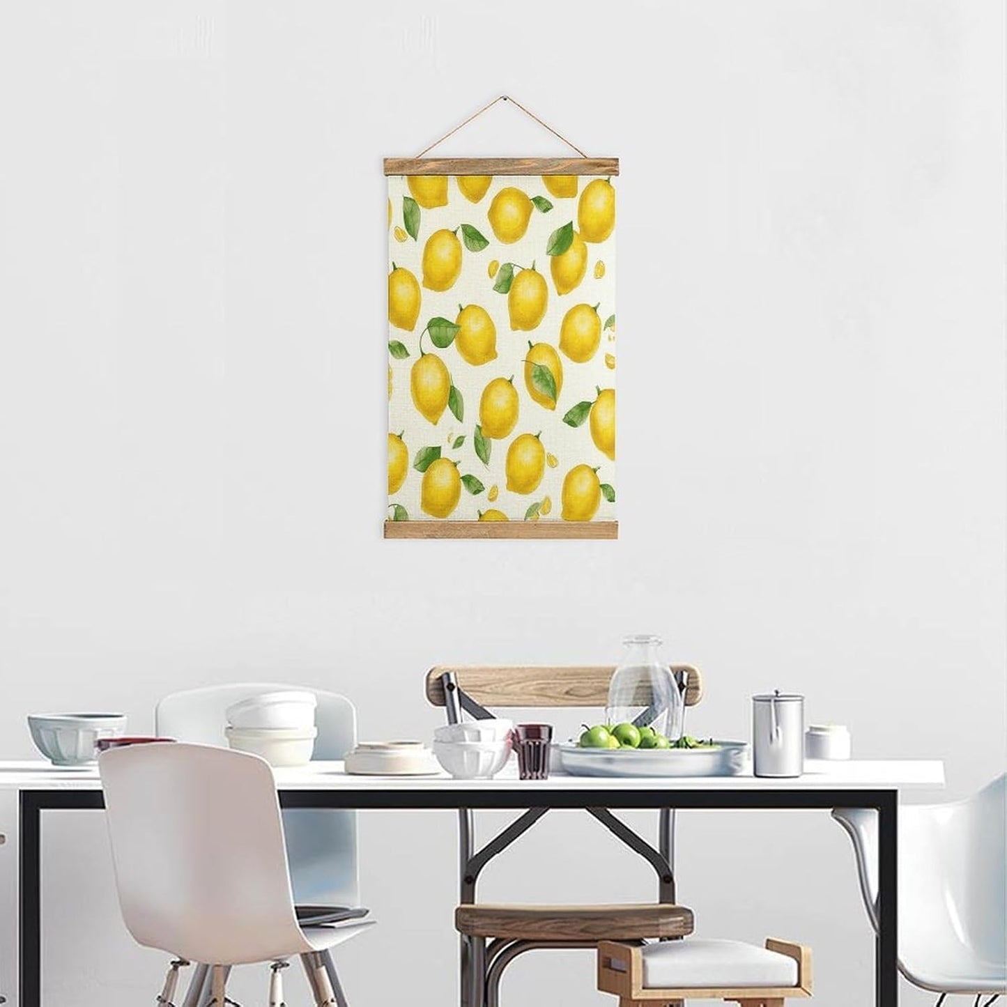 Vintage Yellow Lemon Poster with Wooden Frame Personalized Linen Hanging Scroll Painting Rustic Wall Hanging Illustrative Modern Artwork Decor for Home Living Room Bedroom Office