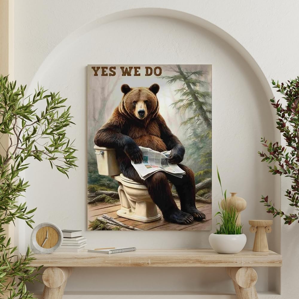 GUBIYU Funny Bathroom Bear Wall Art a Fun Bear Reading in Toliet in the Woods and it Seems Yes We Do Quirky Posters Canvas Painting Picture Humor Animal Wall Decor for Restroom Toliet Bathroom 12"x16"