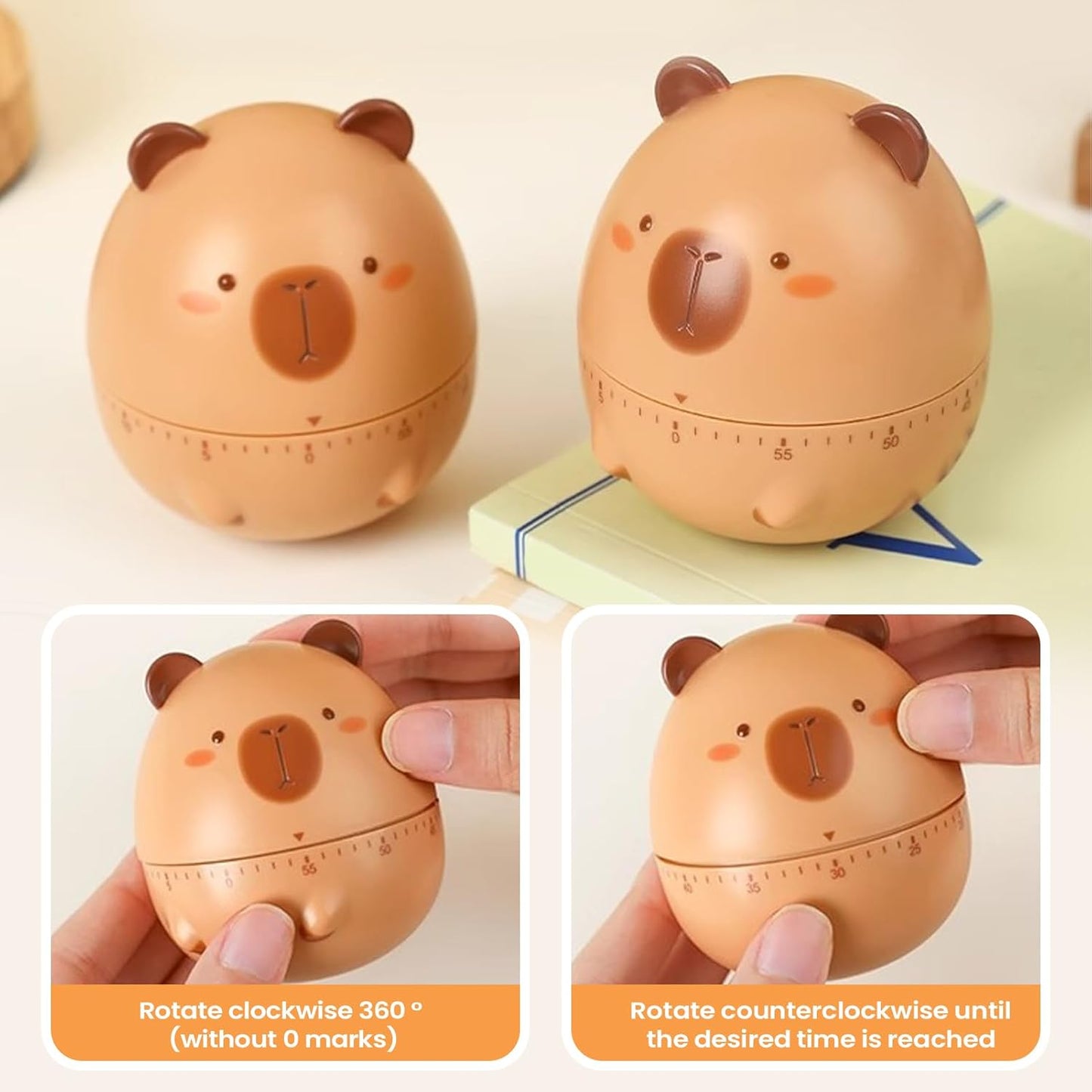 Capybara Visual Timer, Manual Countdown Clock, 60 Minute Time Manager Tool, ABS Cartoon Desk Timer Device, Study Focus Aid with Non Tip Base, Classroom Office Organizer for Kids Adults