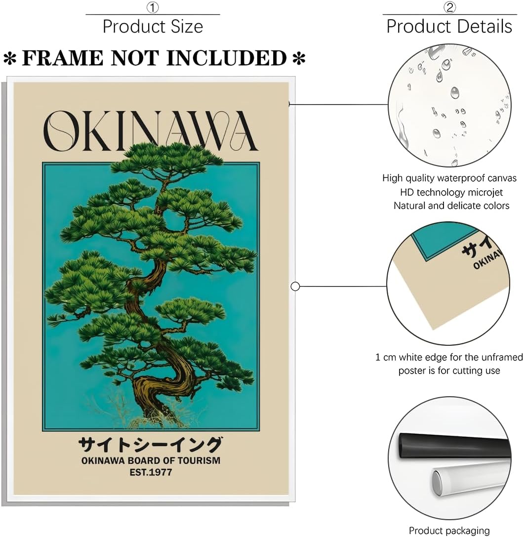 Japanese Canvas Wall Art Okinawa Pine Tree Print Poster Retro Japanese Bonsai Tree Picture Modern Ukiyo-e Wall Decor Painting for Zen Home Bedroom Office Decorations Artwork 16x24inch Unframed