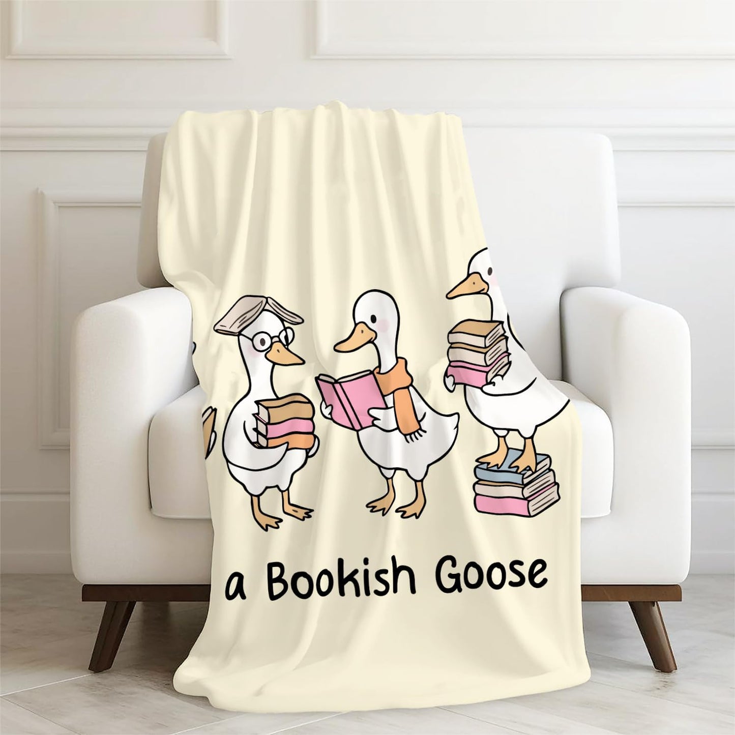 Preppy Funny Bookish Goose Blanket, Book Lover Reader Librarian Gifts for Women, Cute Goose Reading Books Throw Blankets for Reading Room Library Home Decor, 50x60 Inches