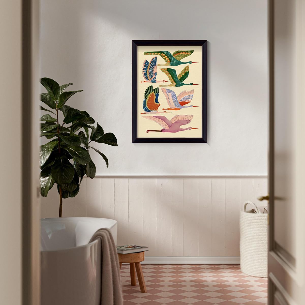 Framed Birds Dopamine Canvas Wall Art, Big Birds In Flight Aesthetic Poster, Trendy Colorful Animal Pattern Print for Girls Room, Nursery Quirky Animal Picture Wall Decor 8x10in