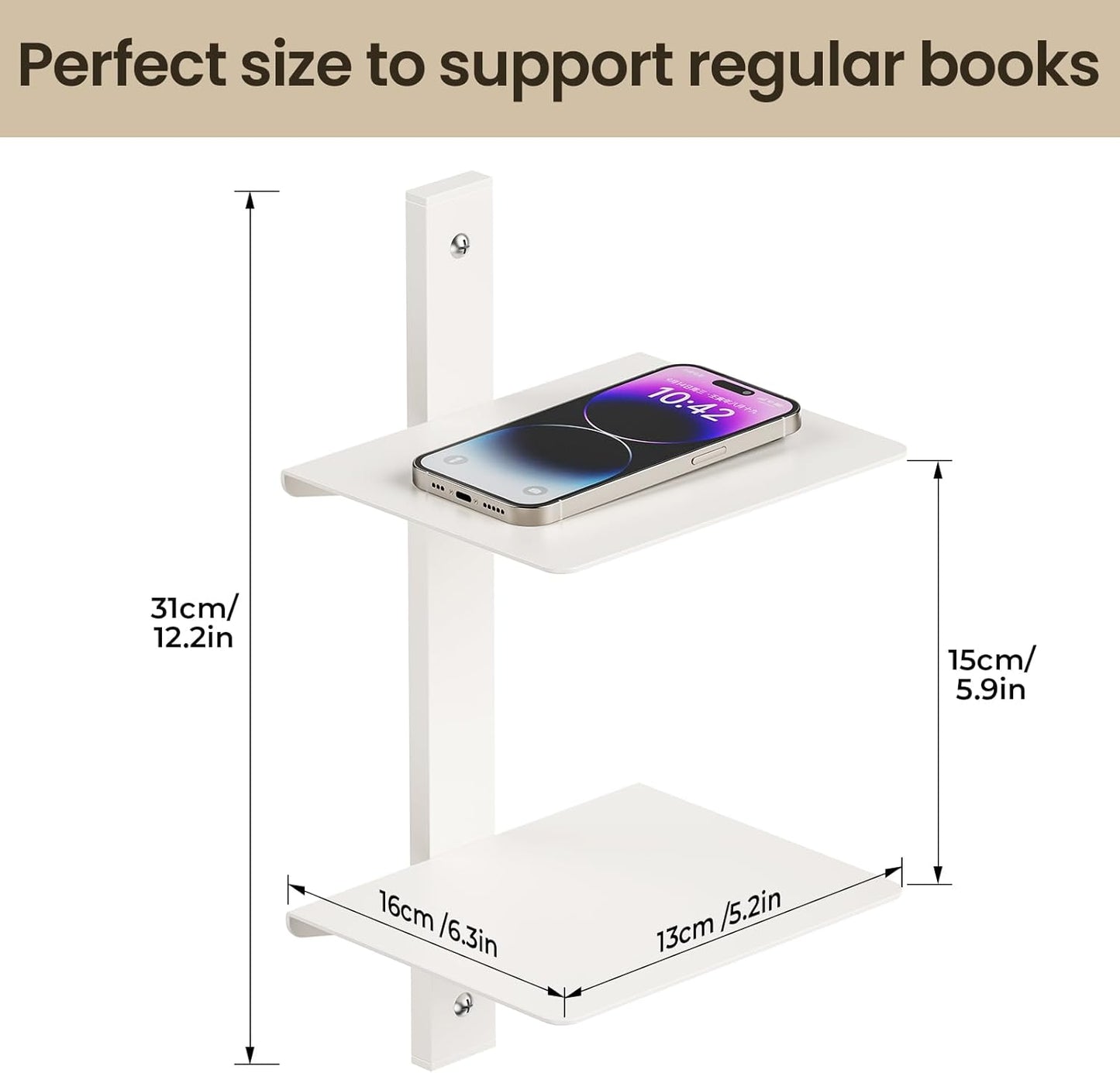 Floating Book Shelves for Wall, 2 Tier Invisible Floating Bookshelf, Vertical Spine Book Tower, Wall Mounted & Space Saving, Heavy Duty Metal Book Organizer for Home Office, 1 Pack White